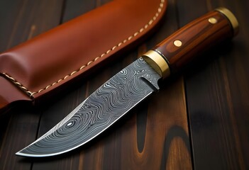 Handcrafted damascus blade on wood table high resolution photo © Rishawon