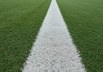 A closeup view of a white line marking the green turf of a sports field