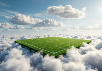A football field floats in the sky amidst soft clouds, a surreal dreamscape