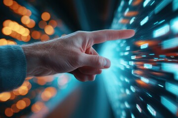 Futuristic Technology Concept with Human Hand Interacting with Digital Data in Motion, Representing Innovation and Connectivity in a Virtual Environment