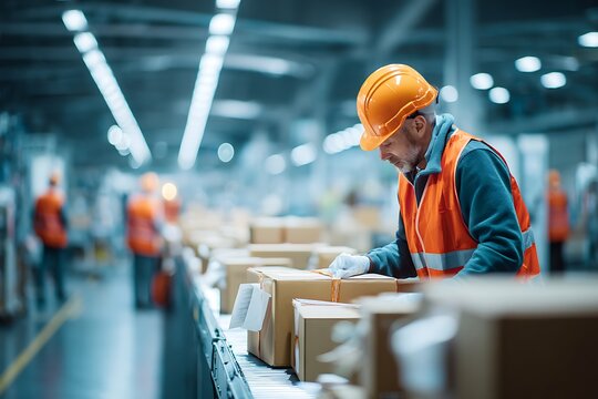 A warehouse worker efficiently processes packages on a conveyor belt, symbolizing modern logistics, automated order fulfillment, and the speed of e-commerce.