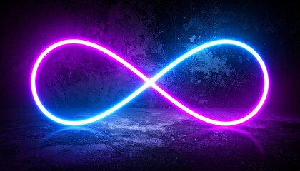 Glowing neon infinity sign on dark background. Eternity, endless and unlimited. Modern design.