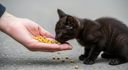 Photo of a small black kitten is eating food from a persons hand on a concrete surface outdoors