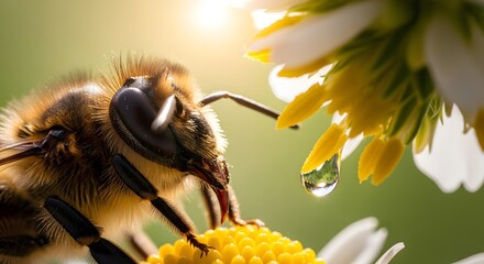 Bee Extracting Nectar A Close-Up on Pollination and Dew Drop