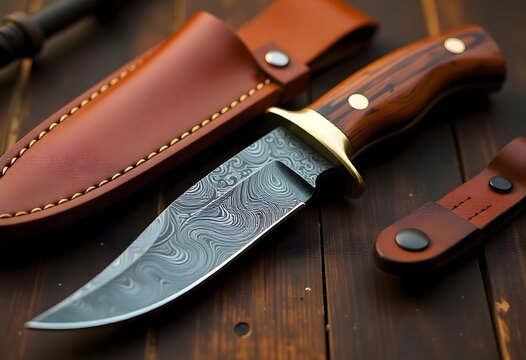 Damascus steel hunting knife with wood handle high resolution photo