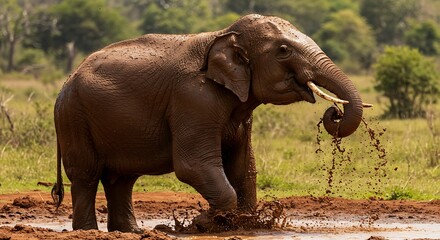 Obraz premium African elephant with tusks walking through grassy wildland during safari in South Africa or Kenya