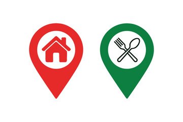 Mapping Home and Dining Locations Simple Red and Green Icons Graphic Symbols Identifying Destinations and Services for Daily Life