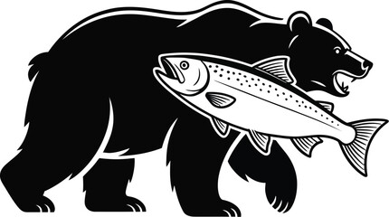 Fototapeta premium A bold black bear illustration carries a fresh salmon, showcasing wildlife and nature themes in a striking monochrome design suitable for logos and branding projects.