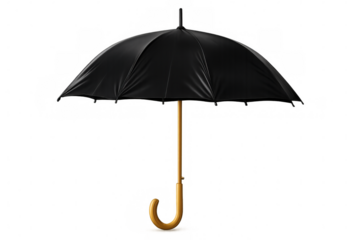 Stylish black umbrella with wooden handle, open and ready for rain, isolated on transparent background