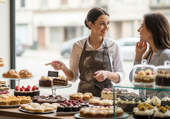 Friendly baker assisting a customer with a selection of delicious cakes and pastries in a shop