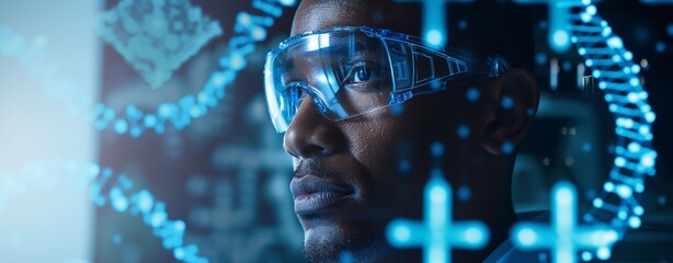 Close up profile of a man wearing futuristic augmented reality glasses with glowing blue digital data overlays