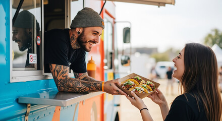 Smiling tattooed man serving fresh tacos to a happy woman from a colorful food truck