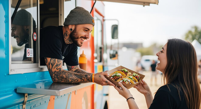 Smiling tattooed man serving fresh tacos to a happy woman from a colorful food truck
