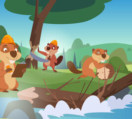 Beavers. wild smart animals beavers building a damper on river © ONYXprj