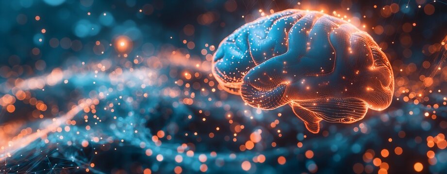 Abstract glowing human brain illuminated by vibrant orange and blue lights in a futuristic digital network