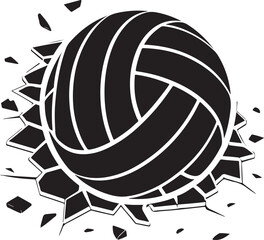 Volleyball Breaking Through Wall Illustration in Black and White on transparent background