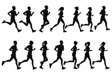 Diverse group of people running in silhouette showing different poses and genders