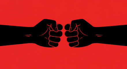 Two clenched fists face each other against a bold red background, symbolizing conflict or solidarity.