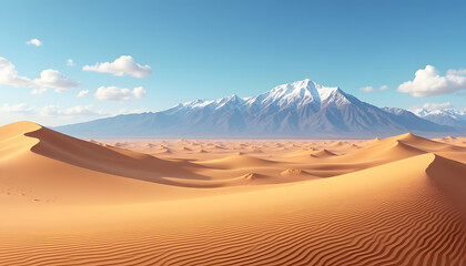 Desert landscape with rolling sand dunes and snow-capped mountains under a bright blue sky.