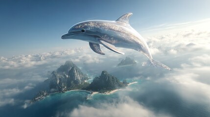  Image of a dolphin flying in the sky over the clouds and a small island on an ocean