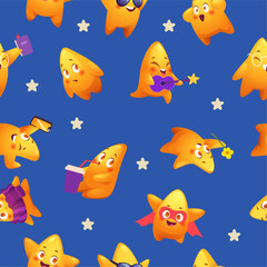 Stars pattern. seamless background with cartoon stars with emotions and action poses