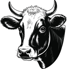 Detailed black and white illustration showcases a cow head with prominent horns, rendered in a vintage engraving style, perfect for farm themes or animal-related designs.