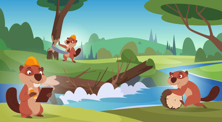 Beavers working. Cartoon wild animals beavers building a dam exact vector background outdoor illustration © ONYXprj