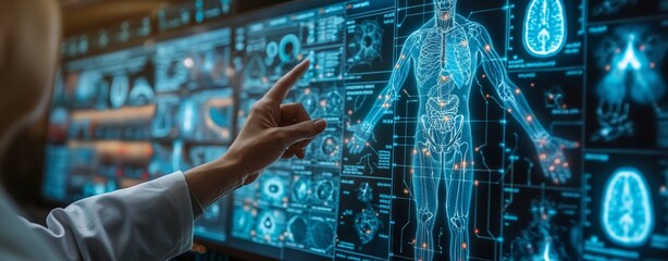 Scientist or doctor interacting with a futuristic holographic display of a human body and medical data
