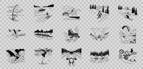 Collection of winter sports silhouettes isolated on transparent background