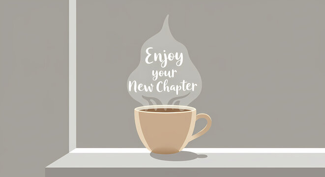 A cup of coffee with steam forming the words "Enjoy your New Chapter" on a gray background.