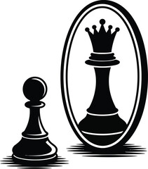 A pawn chess piece stands beside a mirror reflecting a queen chess piece, symbolizing potential, strategy, and transformation in this conceptual black and white design.