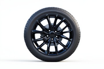 Obraz premium Sleek Black Alloy Wheel with High-Performance Tire on White Background for Automotive and Design Concept
