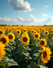 Obraz premium A stunning field of yellow sunflowers under a bright blue sky on a summer day.