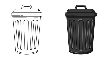 Garbage bin illustration in black and white vector drawing trash can