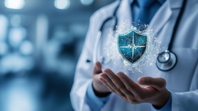 Doctor holding a glowing digital shield with medical data and heartbeat line symbolizing healthcare security and protection