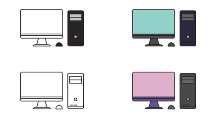 Computer Desktop Set Icons with Monitor CPU and Mouse in Two Styles