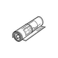 A rolled architectural blueprint with a grid pattern and detailed information shown in black and white line art