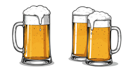 Three Glasses of Beer With Foam On Top Isolated on White Background