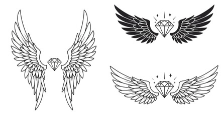 Wings and Diamonds Vector Illustration Tattoo Design Black and White Graphics