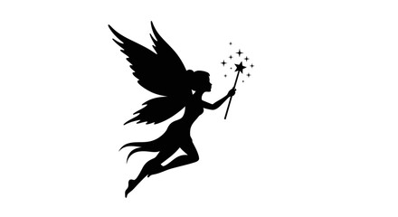 Elegant Fairy Silhouette with Magic Wand and Stars on White Background