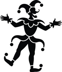 A whimsical black silhouette showcases a dancing jester with a playful hat and costume, perfect for adding a touch of medieval fun to any creative project or design.
