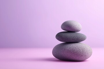 A stack of three smooth stones balanced on top of each other against a purple background studio shot
