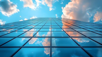 Majestic modern skyscraper reflecting serene clouds in its mirrored facade