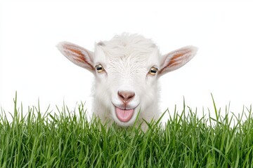Obraz premium Happy Baby Goat Playfully Peeking Through Lush Green Grass with Bright Smile and Charming Expression, Isolated on White Background