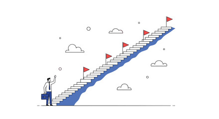 Obraz premium A determined individual ascends a long staircase toward a series of red flags marking distant goals
