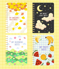 a pack of notebook cover design with flower, leaves and fruit hand drawn