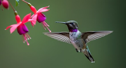 Fototapeta premium A Hummingbird in Flight, Near Vibrant Fuchsia Flowers