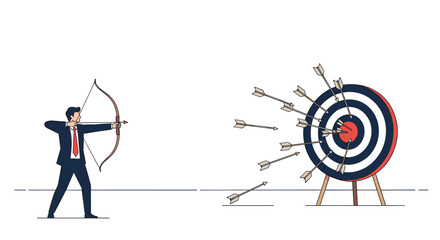Business man aiming for target with many arrows missing the bullseye concept of failure