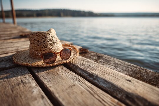 Straw hat and sunglasses sit on a weathered wooden dock overlooking a serene lake - Powered by Adobe