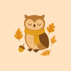 Cute owl with scarf flat style watercolor transparent background
